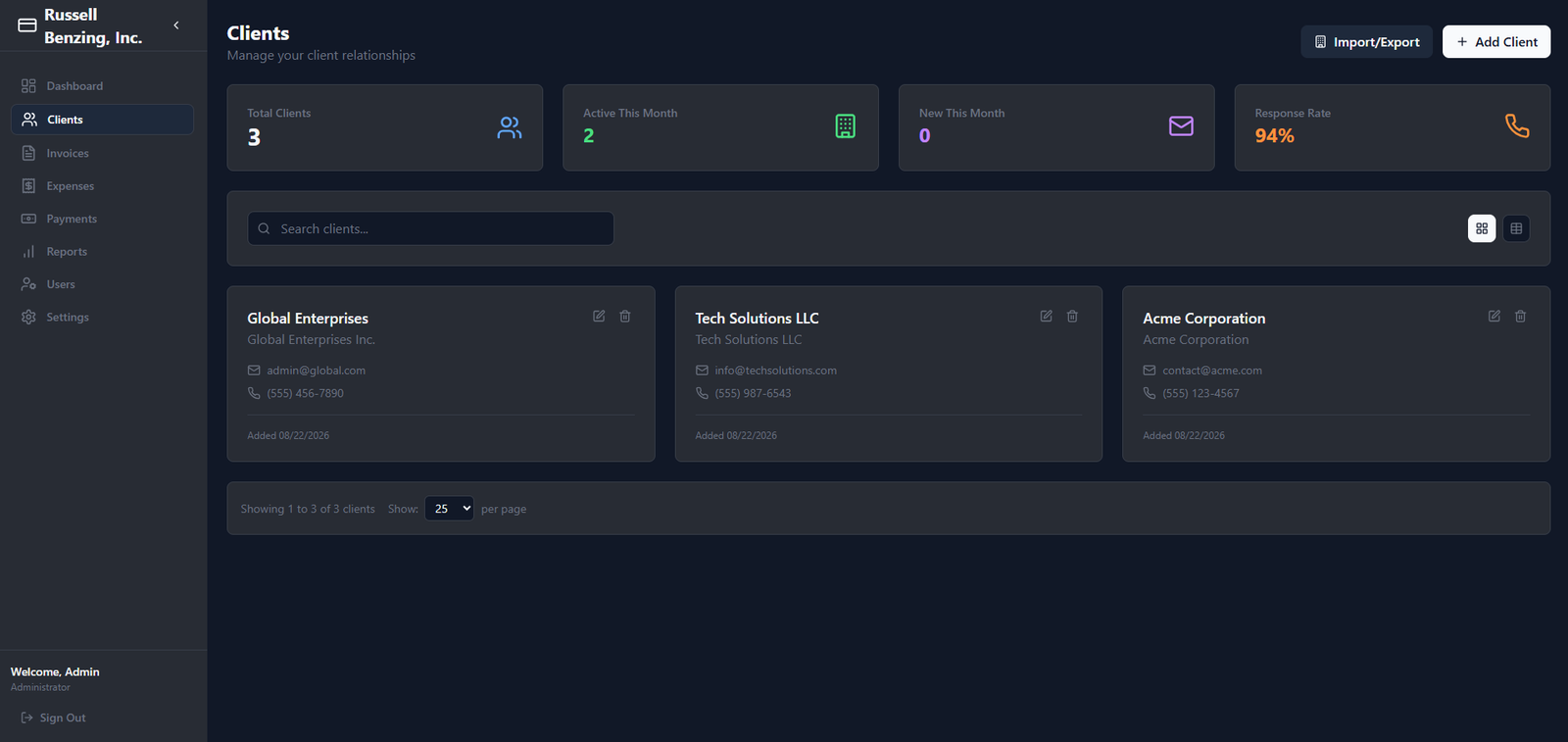 SlimBooks client management screen showing client profiles and contact information