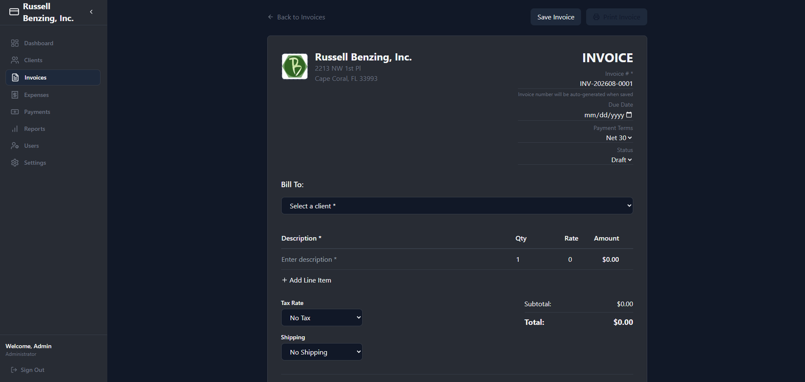 SlimBooks invoice editor showing invoice details, line items, taxes, and totals