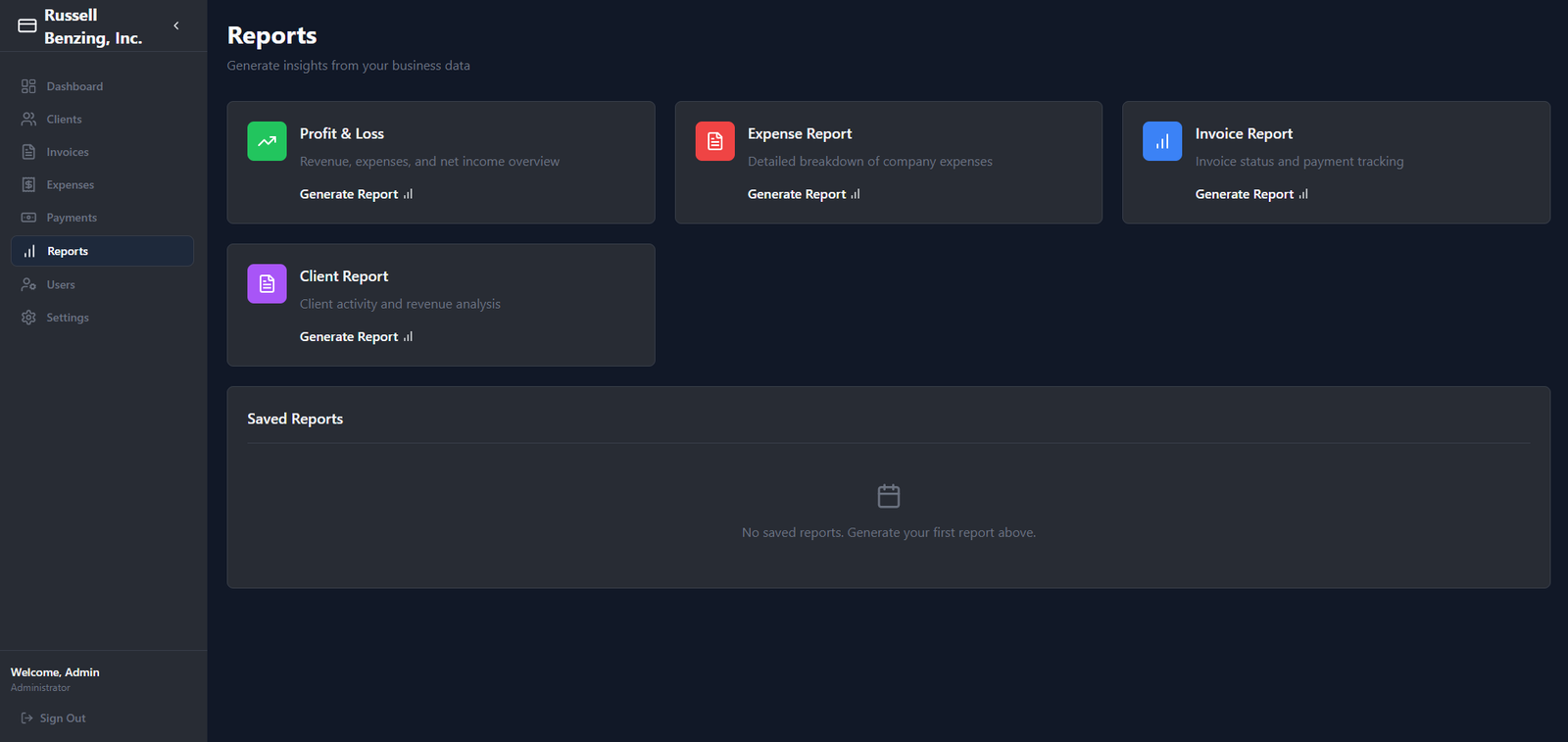SlimBooks financial reports screen showing business reporting and period breakdowns